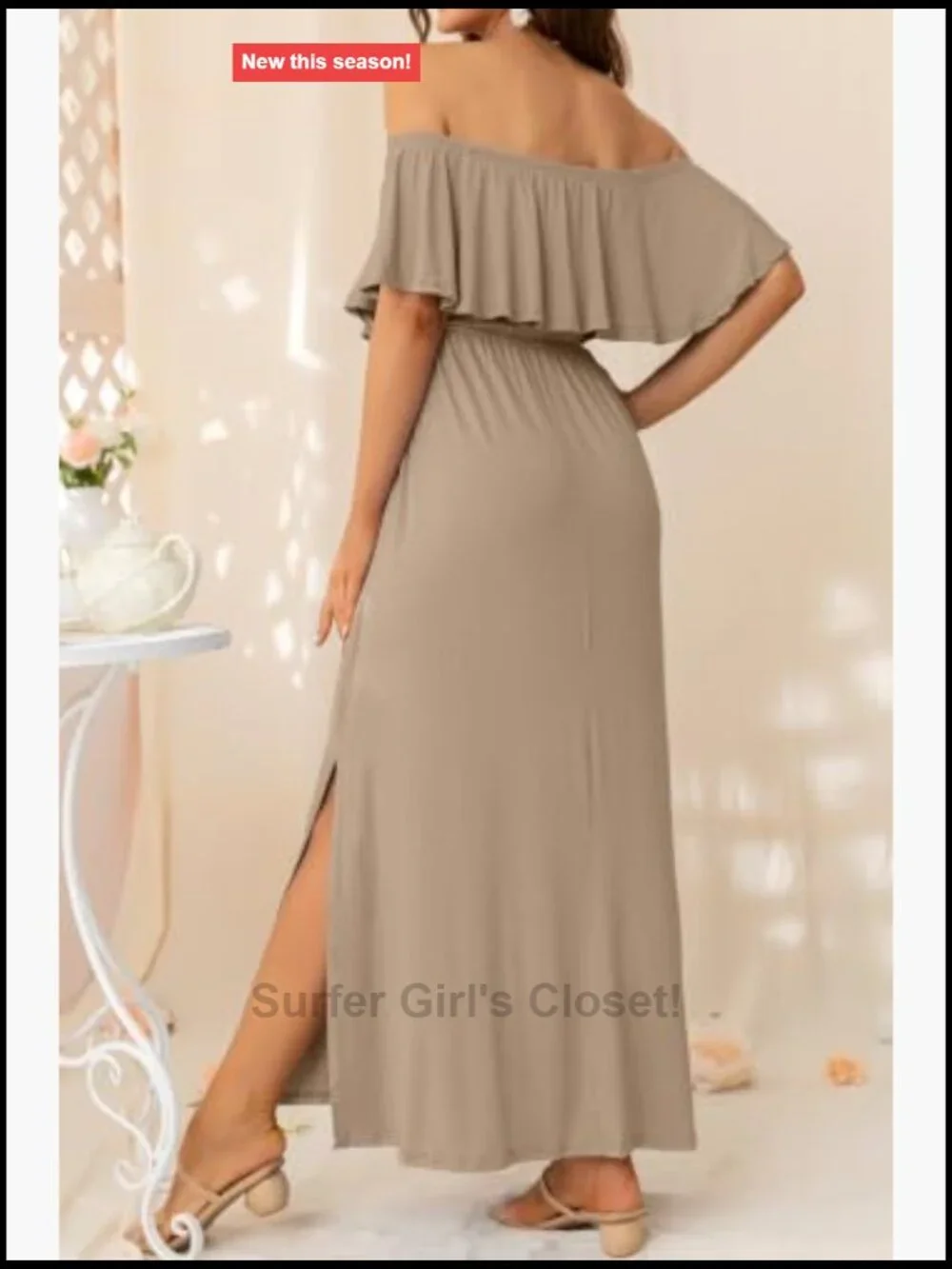 Off Shoulder Ruffle Sleeve Maternity Maxi Dress Side Slit
